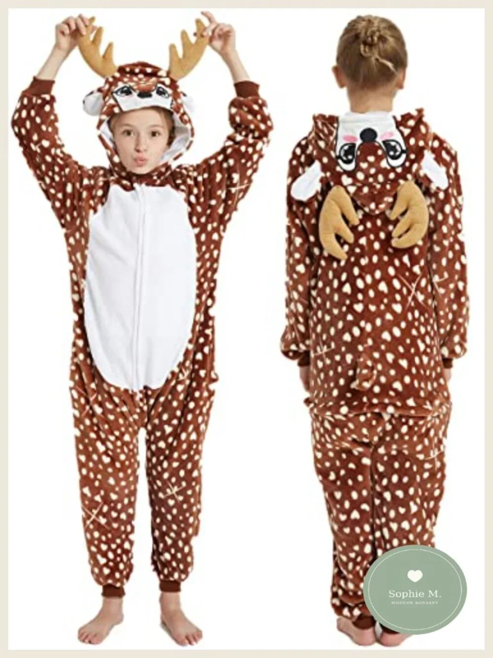 Kids Reindeer Onesie Costume Plush Fleece Jumpsuit Halloween Christmas Party